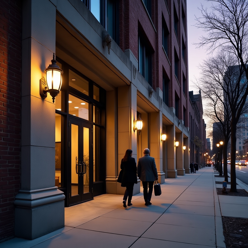 Office building entrance in downtown Cincinnati at dusk with warm exterior lighting