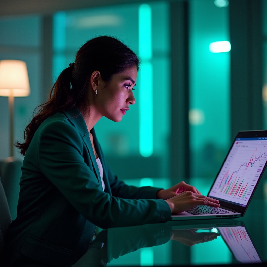 Content strategist reviewing a traffic decline dashboard on a laptop in a softly lit office lounge