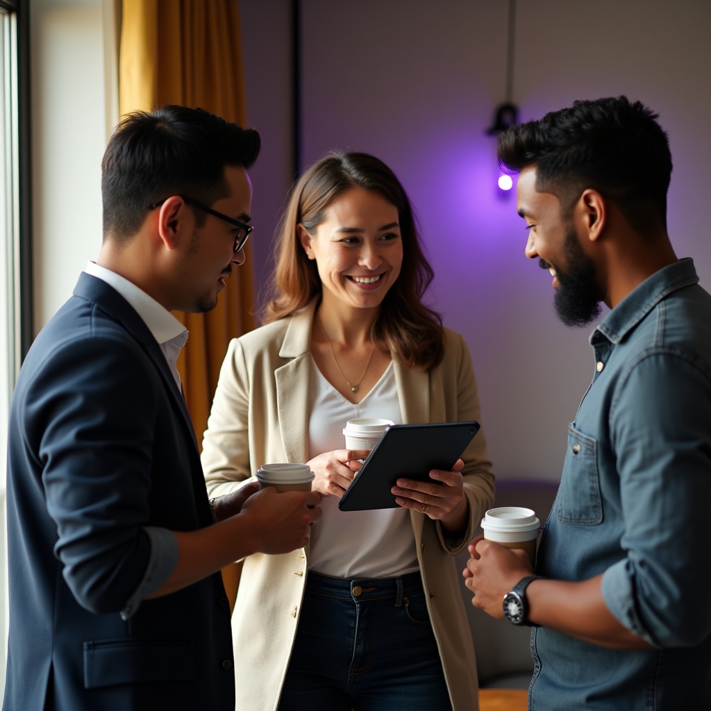 Three colleagues holding coffee cups during an informal morning standup discussing a task list on a tablet