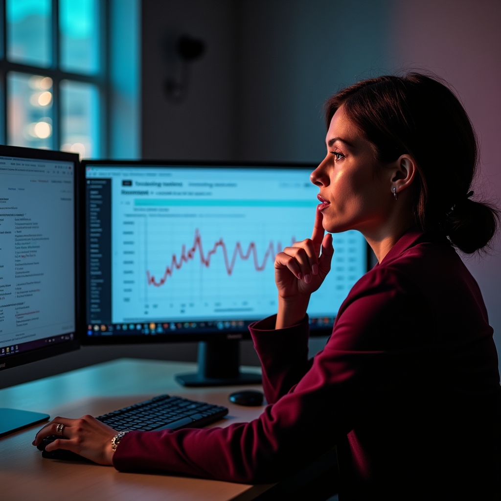 Content strategist studying dual monitors showing a search ranking timeline and tagged decline causes
