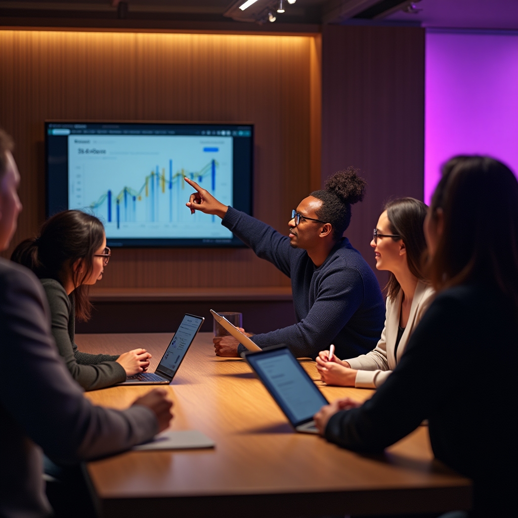 Four colleagues reviewing a declining traffic graph together in an editorial meeting