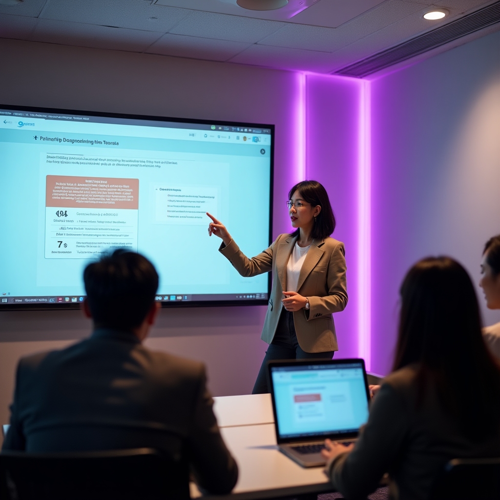 Presenter leading a live onboarding walkthrough session for a small content team in a bright meeting space